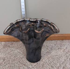 Murano Ruffled Art Glass Vase Smoky Gray Swirl 12x13in