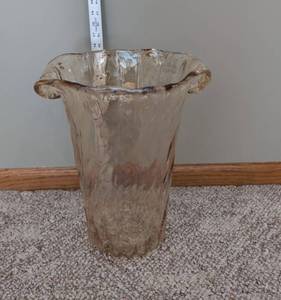 Large Murano Hand Blown Art Glass Floor Vase Ruffled Rim Amber Tint 16in