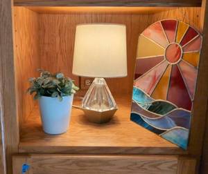 Lot of Modern Table Lamp Stained Glass Panel Faux Plant Decor