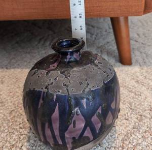 Unmarked Studio Pottery Raku Vase Iridescent Purple Black Bottle Form
