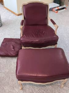 Flexsteel Leather Bergere Lounge Chair & Ottoman Set in Dark Red Leather
