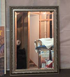 Ornate Framed Wall Mirror Beveled Glass Antique Silver 42x30