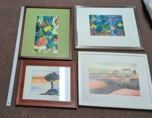 Set of 4 Framed Art Prints Watercolor Floral Coastal Sea Life Decor