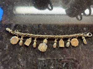Vintage Gold Tone Charm Bracelet Tassels Number Charms Perfume Bottle
