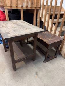 Vintage Wood Library Table & Piano Bench Pair Rustic Antique Furniture