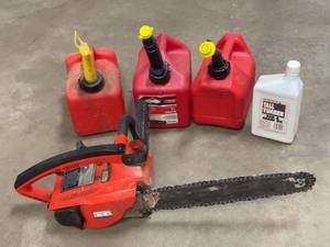 Homelite XL Gas Chainsaw with Fuel Cans & Tall Timber Bar Chain Oil