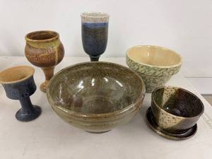 Lot of Assorted Studio Art Pottery Bowls Goblets & Planter