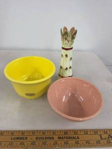 Vintage Art Pottery Lot Haeger Bowl Asparagus Vase Pink Speckled Bowl
