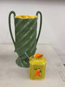 Vintage Art Red Wing Pottery Vase & Helton Japan Pepper Lidded Holder
