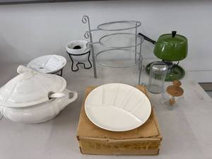 Vintage Fondue Serving Lot Tureen Tiered Rack Pots Divided Dishes