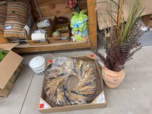 Home Decor Lot Vase w Faux Florals Wheat Wreath Cookie Jar