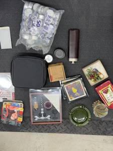 Box Lot of Assorted Small Housewares Decor Candles Flask Barware
