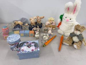 Assorted Easter Bunny Spring Decor Lot Plush Figurines Boxes & Pens