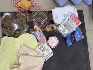 Box Lot of Assorted Holiday Linens Serving Trays Plates Decor