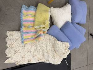 Box Lot of Vintage Crocheted Throws & Decorative Pillows Mixed Textiles