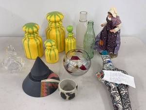 Box Lot of Assorted Art Pottery Glass Bottles Doll Coca-Cola Decor