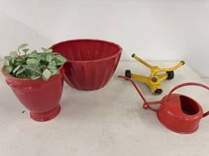 Vintage Garden Decor Lot Red Planters Watering Can Poppy Sprinkler