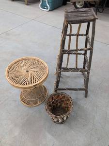 Rustic Twig Plant Stand Wicker Side Table & Basket Decor Set