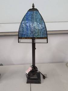 Mission Style Blue Art Glass Table Lamp Pull Chain Metal Base