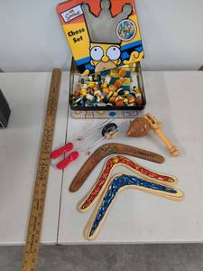 Lot of Vintage Toys Games Simpsons Chess Set Boomerangs Wooden Top