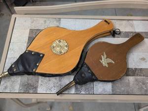 Pair of Vintage Wooden Fireplace Bellows Brass & Leather Decor