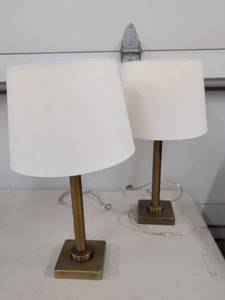 Pair of Modern Brass Tone Table Lamps With White Drum Shades