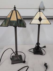 Pair of Tiffany Style Stained Glass Accent Table Lamps Mission Design