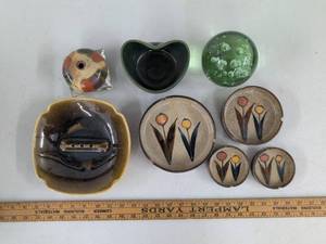 Vintage Pottery Ashtray Lot w Bubble Glass Paperweight Bud Vase Bowl