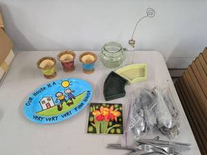 Lot of Assorted Decorative Pottery Glassware & Flatware Housewares