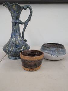 Studio Pottery Vase Bowl & Cup Lot Blue Drip Glaze Handmade Ceramic