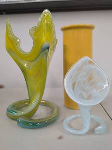 Vintage Art Glass Vase Group Freeform Swirl Yellow Blue Opaline