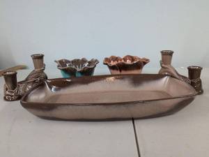 Vintage Drip Glaze Pottery Console Set Tray Bowls & Candle Holders