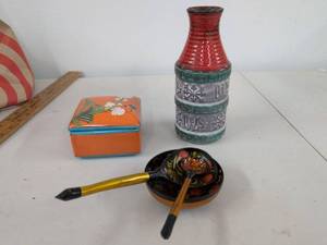 Vintage Decor Lot Ceramic Vase Trinket Box Russian Painted Bowl Set