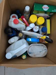 Box Lot of Assorted Household Cleaners Adhesives Laundry Care