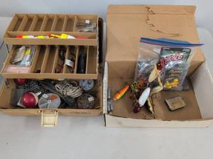 Vintage Fishing Tackle Box Lot with Lures Bobbers Hooks Sinkers