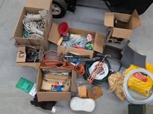 Box Lot of Assorted Hand Tools, Rope, Hardware & Shop Supplies