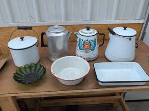 Vintage Enamelware Kitchen Lot Coffee Pots Pans Bowl Canister Dish