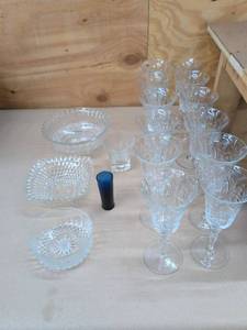 Vintage Assorted Glassware Lot Etched Stem Goblets Bowls Cobalt Glass