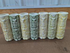 Set of 6 Ceramic Tiki Mugs Green & Yellow Glaze Barware Cups