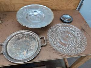 Mixed Vintage Serving Ware Lot Sheridan Silverplate Tray Glass Platter