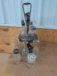 Antique Silverplate Cruet Castor Set w Extra Glass Bottles Jar