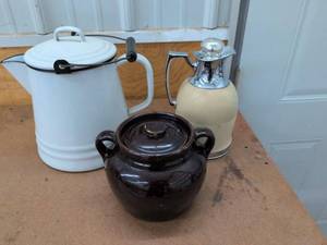 Vintage Kitchenware Lot Enamel Coffee Pot Crock Thermos Carafe