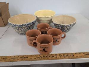 Field & Stream Mugs with Spongeware Mixing Bowls Pottery Lot