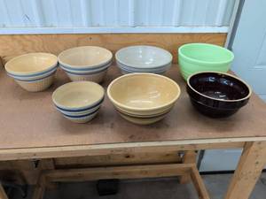 Vintage Mixing Bowls Stoneware & Green Glass Assorted Kitchen Lot