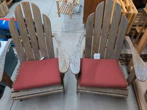 Pair of Adirondack Style Wooden Rocking Chairs With Red Cushions