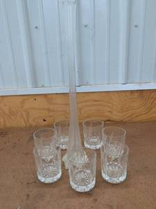 Vintage Cut Glass Decanter With 6 Matching Rocks Glasses Barware Set