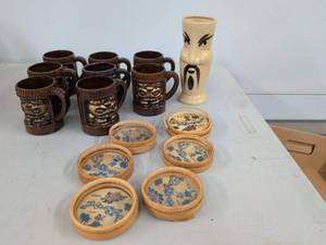 Vintage Tiki Barware Lot Ceramic Mugs Hawaii Coasters Figural Vase
