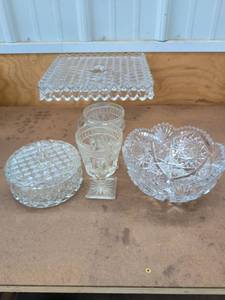 Vintage Clear Pressed Cut Glass Bowl Candy Dish Goblets Cake Stand