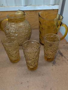 Vintage Amber Glass Beverage Set Textured Tumblers & Pitchers