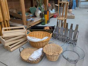 Lot of Assorted Decorative Baskets Crates Planter & Wood Shelf